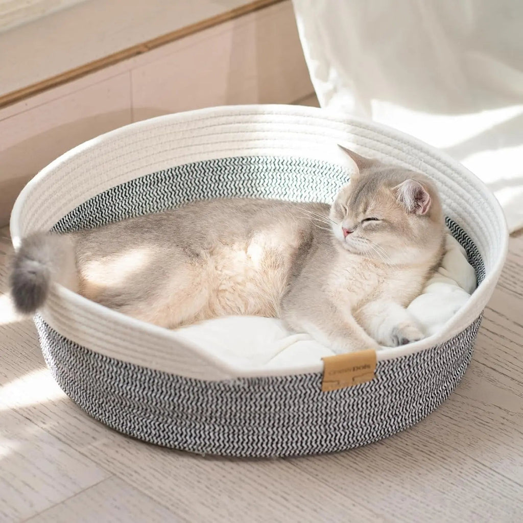 Woven Cotton Rope Pet Bed Basket with Removable Cushion, 18.5" Round