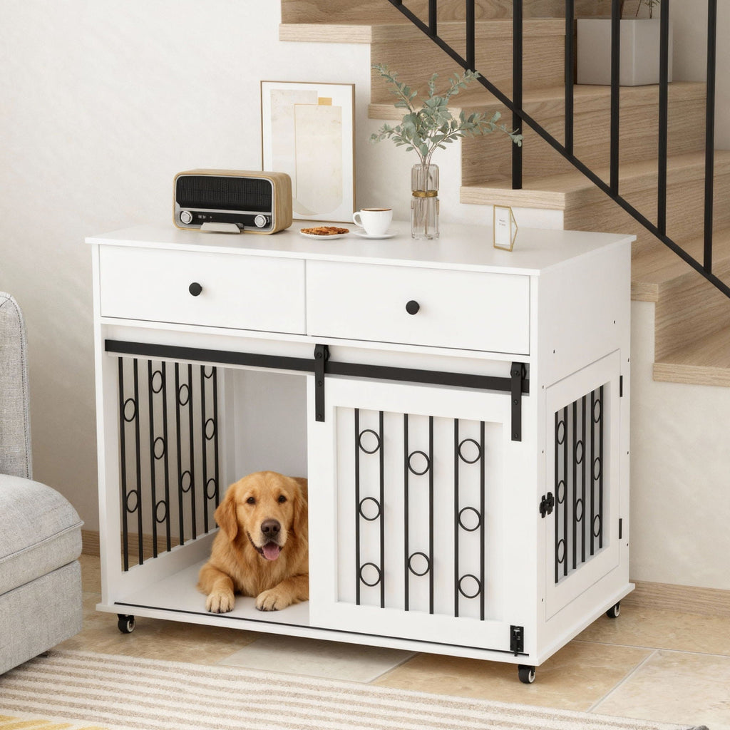 Modern White Wooden Dog Crate with Sliding Barn Door and Storage Drawers