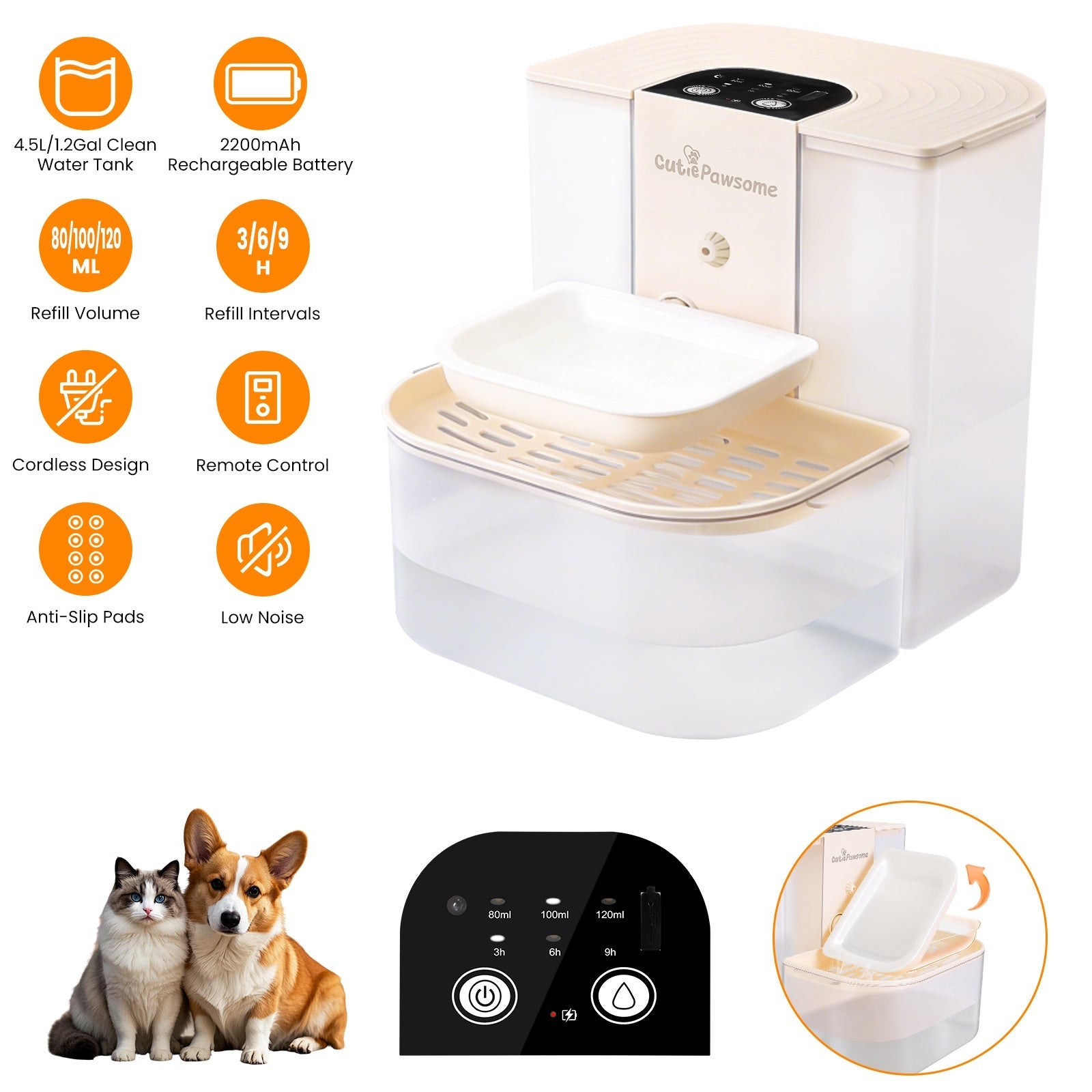 Automatic Dual-Tank Pet Water Dispenser, 4.5L Cordless Rechargeable