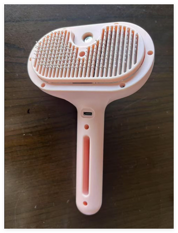 Pet Hair Brush with Angled Bristles and Misting Function, White