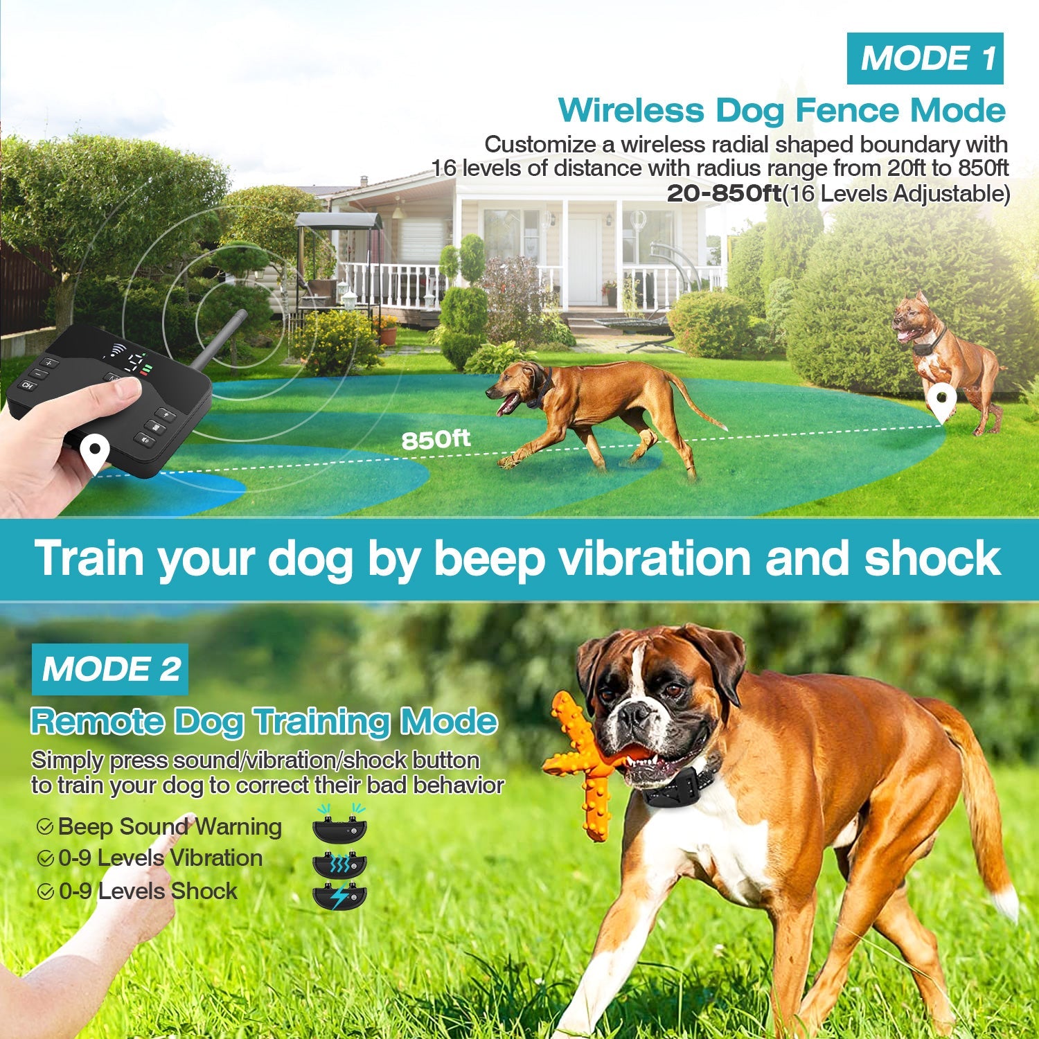 Gbruno 2-in-1 Wireless Electric Dog Fence with Adjustable Range