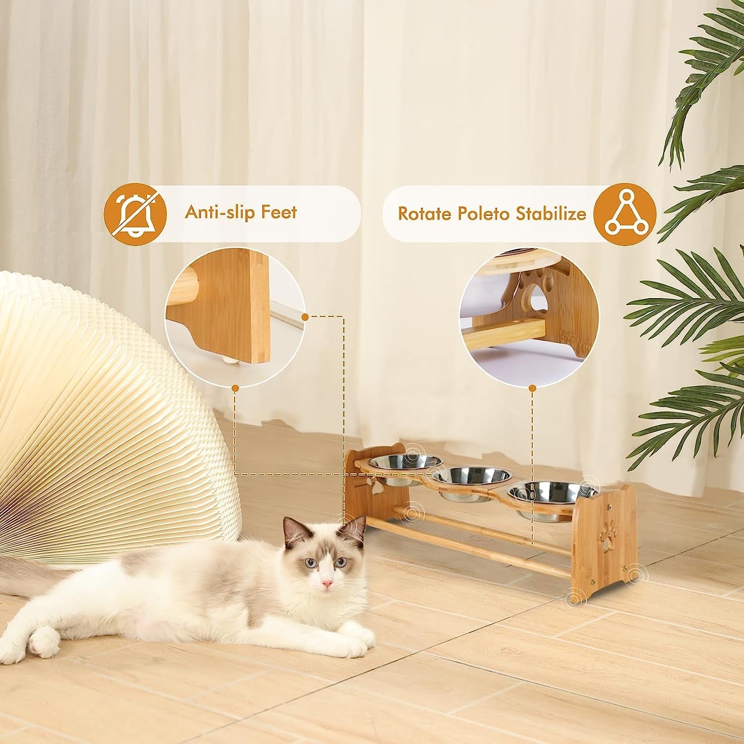 Elevated Bamboo Dog and Cat Feeder with Adjustable Height
