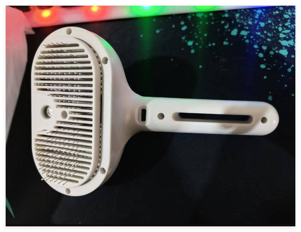 Pet Hair Brush with Angled Bristles and Misting Function, White