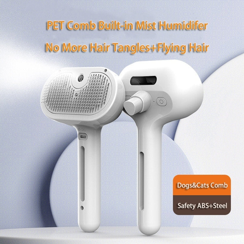 Pet Hair Brush with Angled Bristles and Misting Function, White