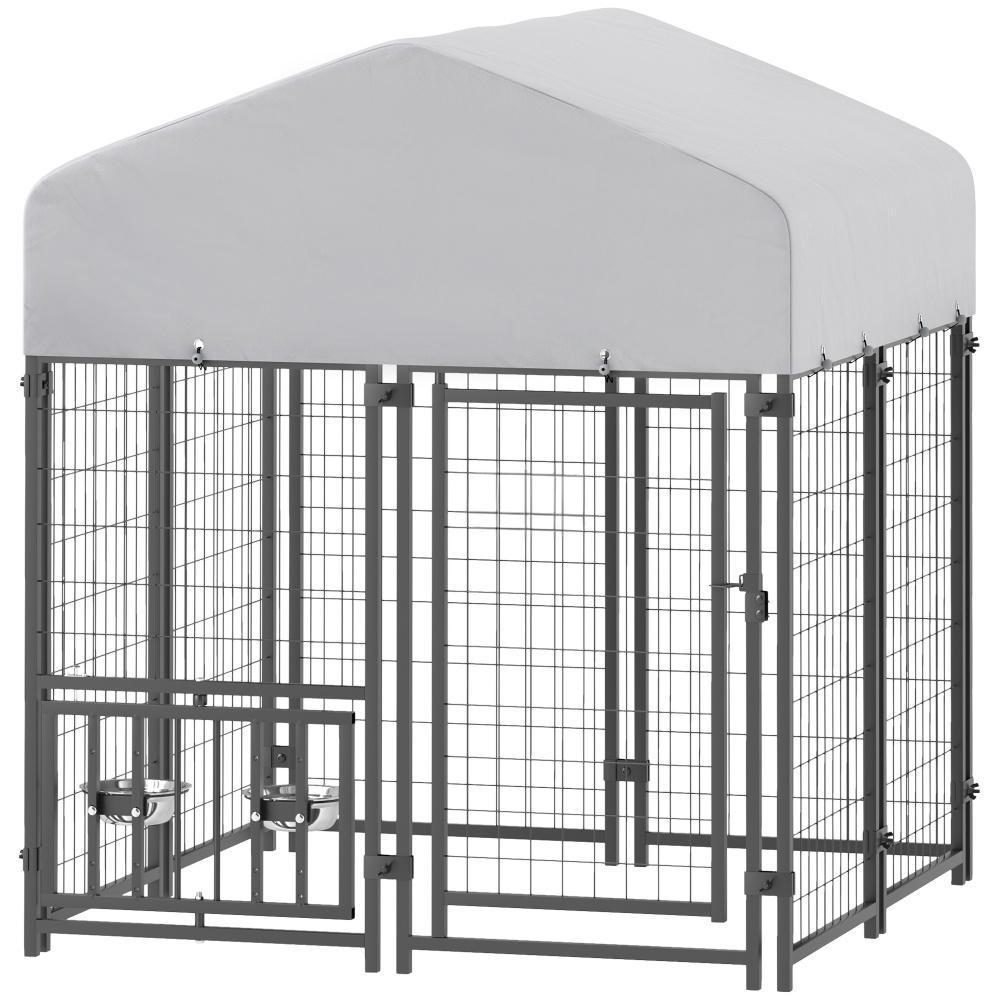 Welded Wire Dog Kennel with Rotating Bowls, 3.9 x 3.9 x 4.5 ft