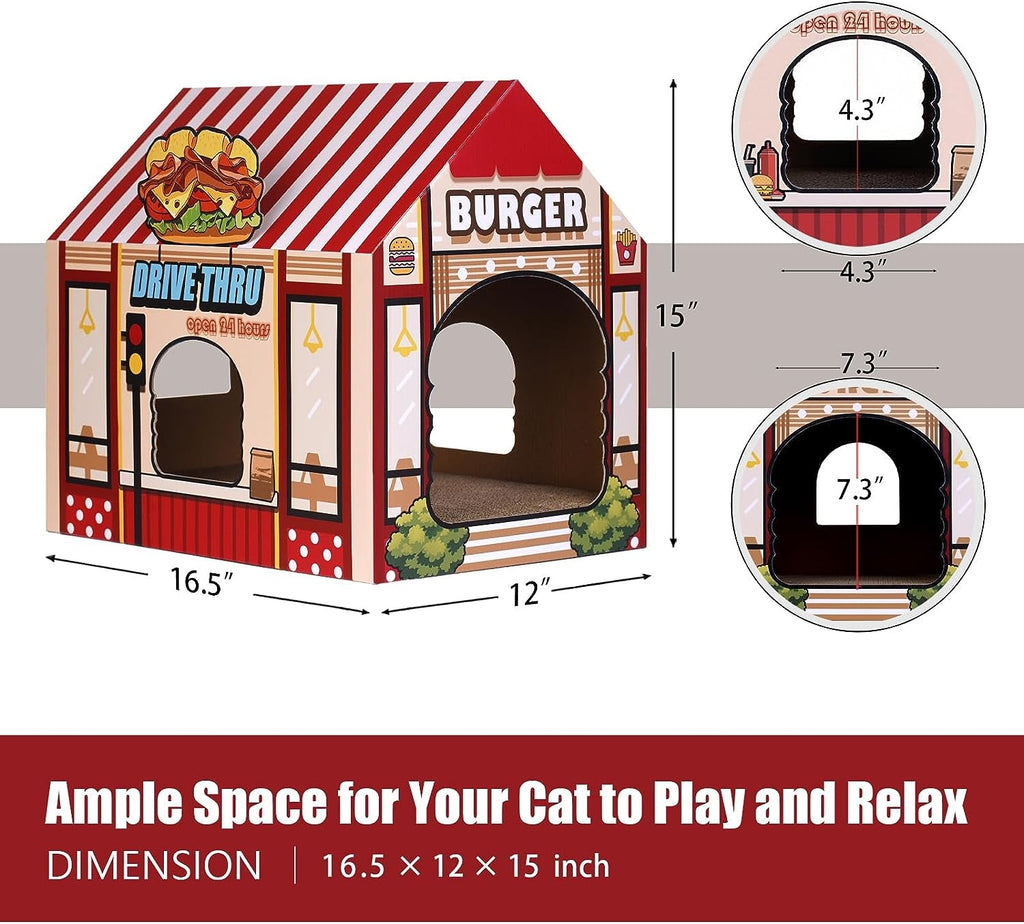 2-in-1 Cat House & Scratcher – Burger Shop Cardboard Design