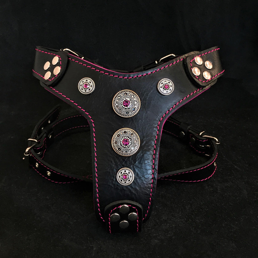 Bestia Bijou Leather Dog Harness with Pink Rhinestones, Small–Medium