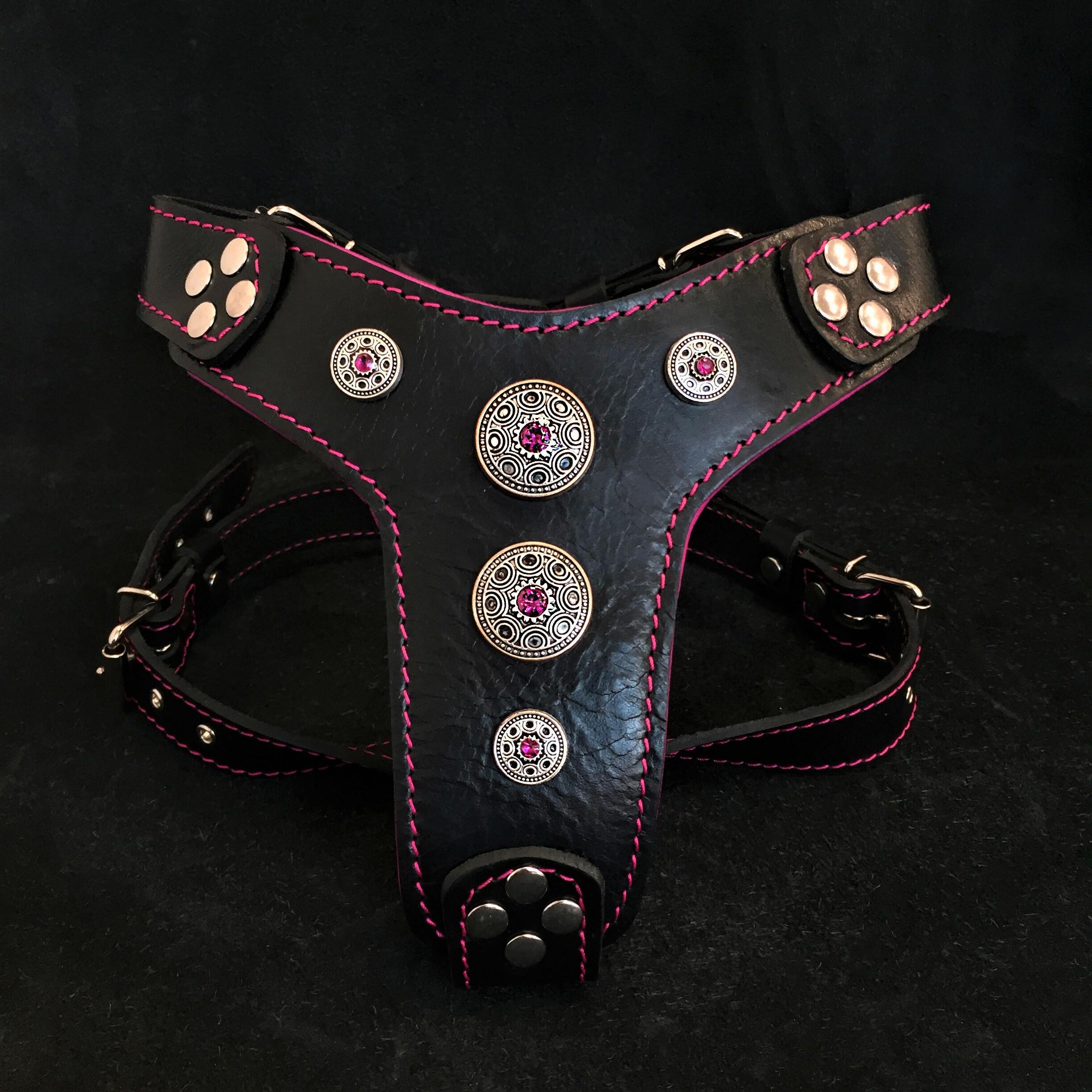 Bestia Bijou Leather Dog Harness with Pink Rhinestones, Small–Medium