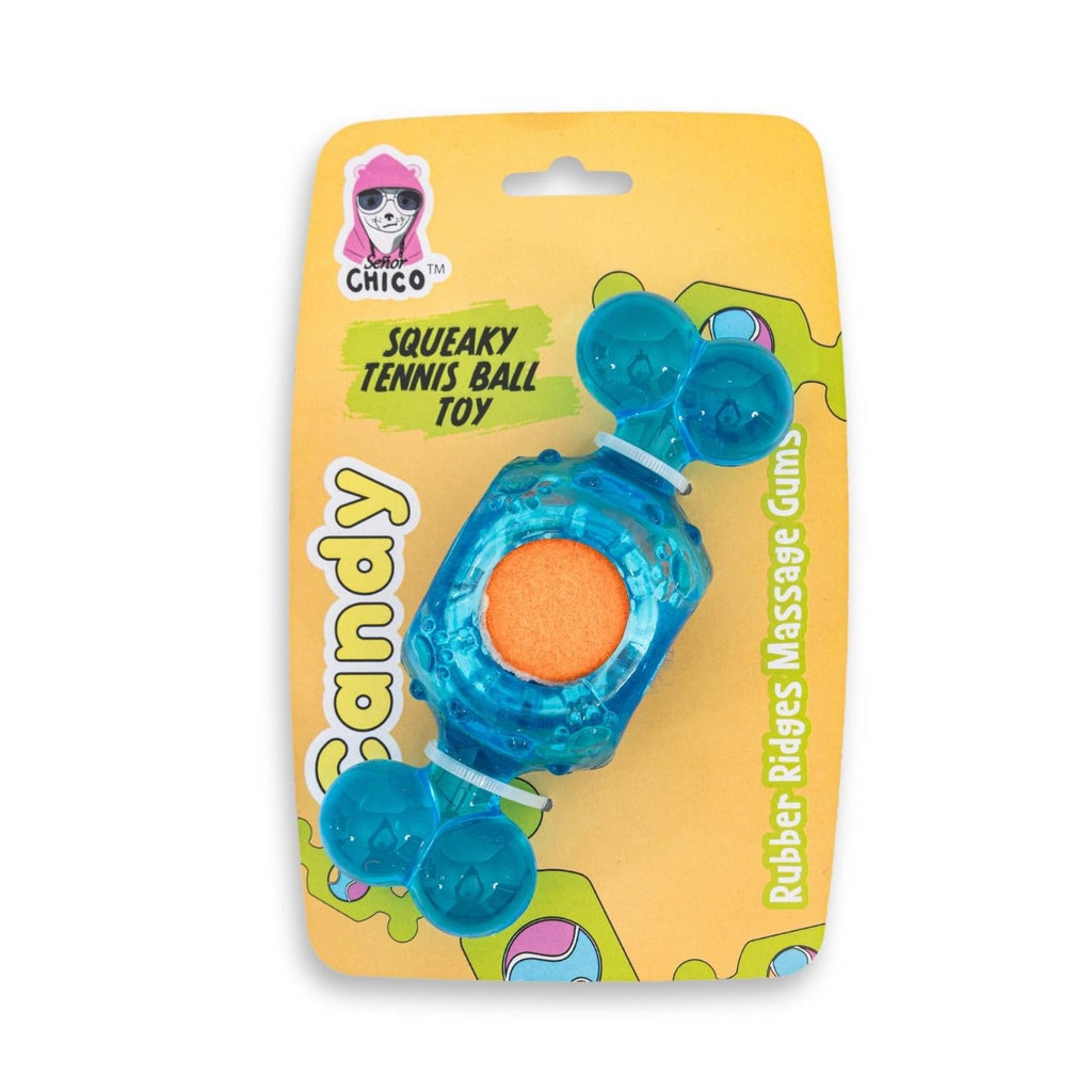 Blue Candy Shaped Dog Chew Toy with Squeaky Tennis Ball