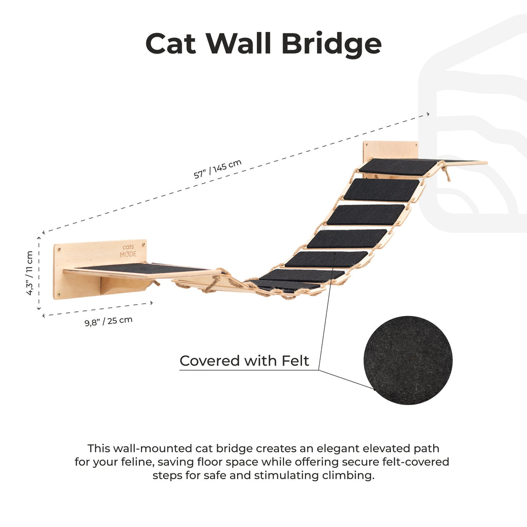 Wall-Mounted Wooden Cat Bridge with Felt-Covered Stairs, 48.8"