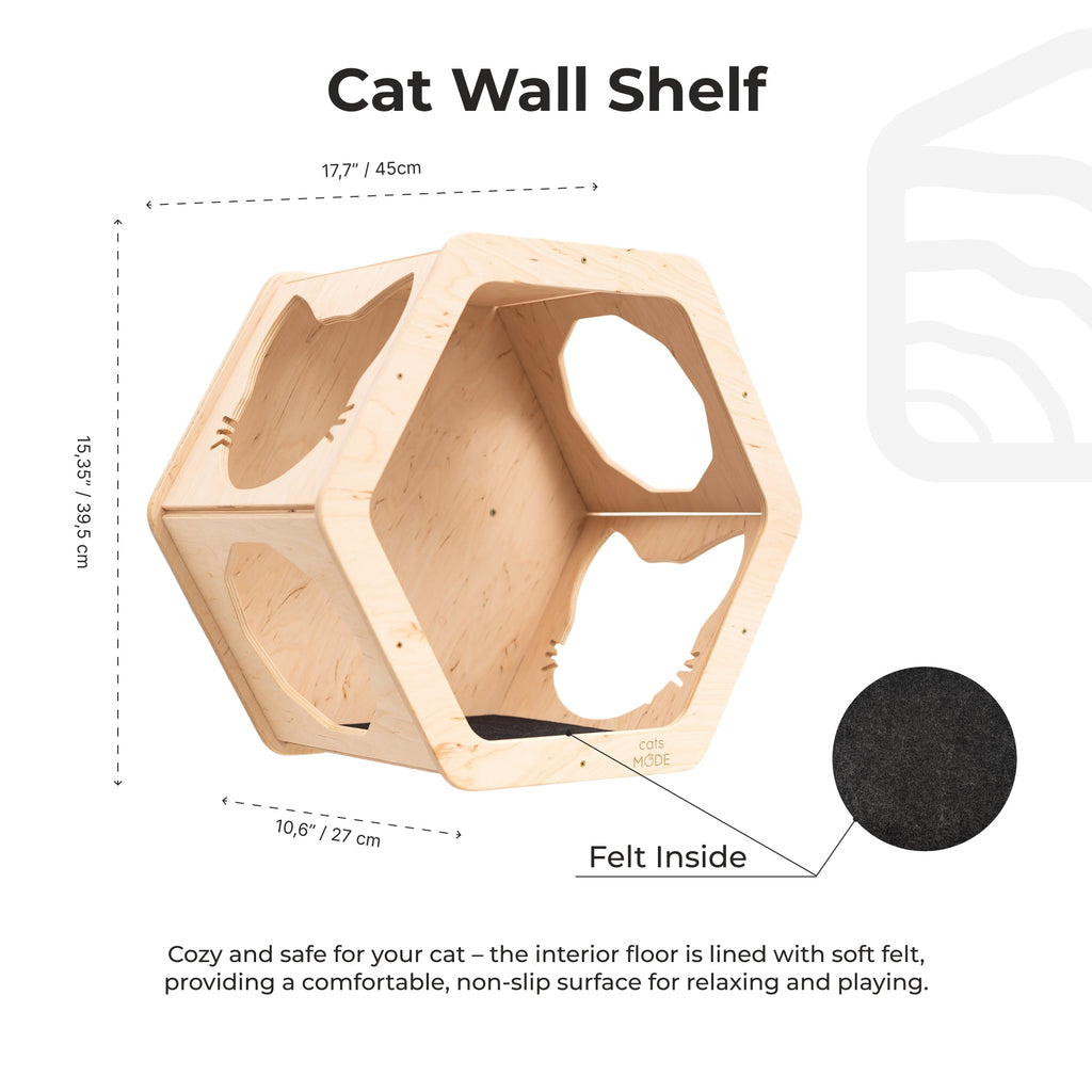 Hexagon Cat Shelves with Felt Lining – Modular Wall-Mounted Set