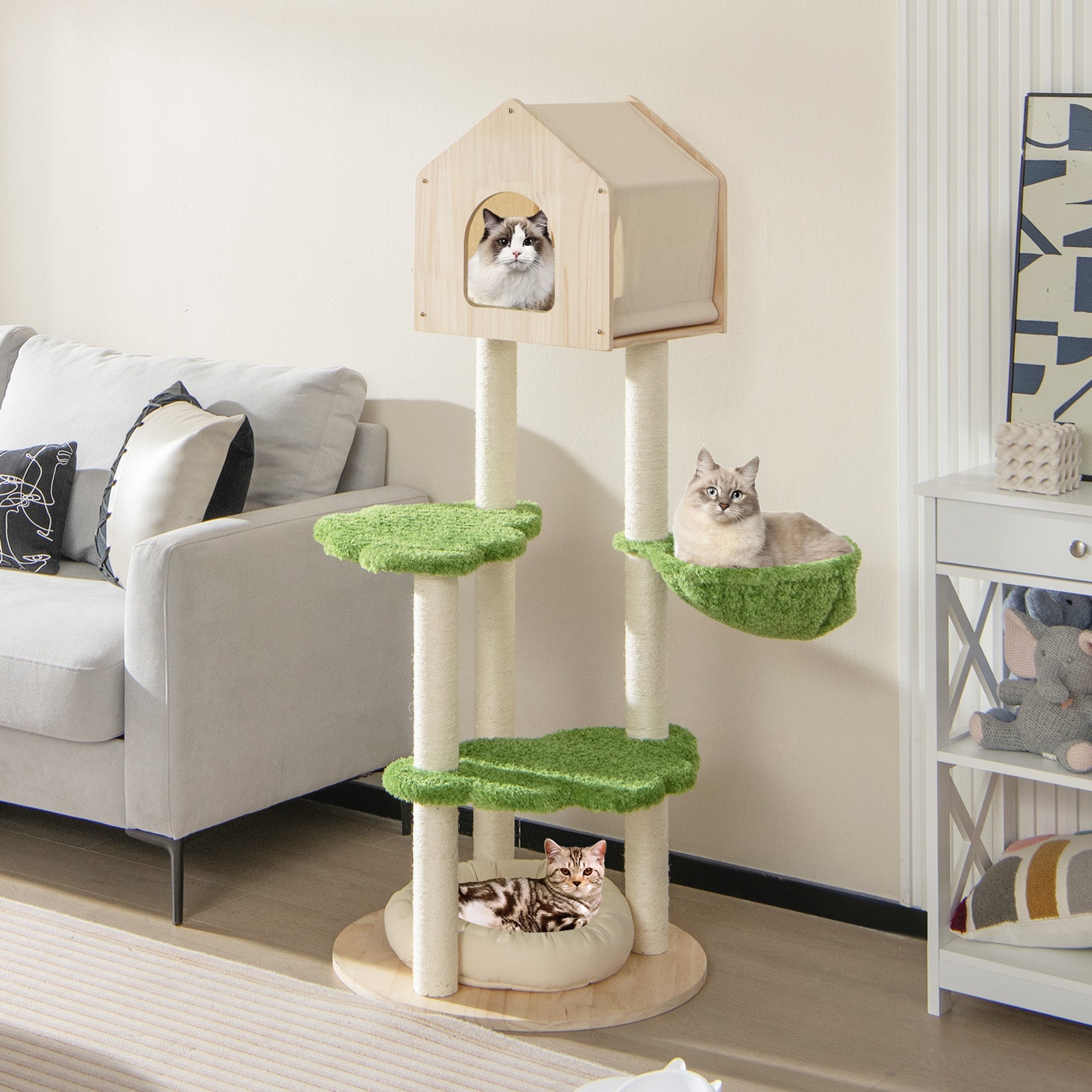55-Inch Pine Wood Cat Climbing Stand with Hammock and Perch