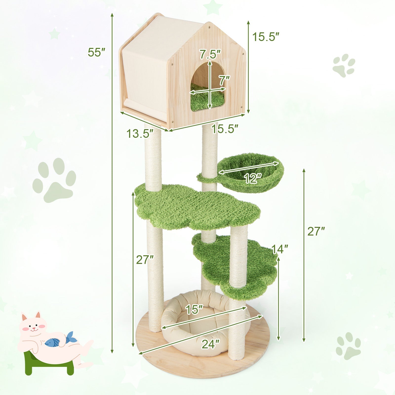 55-Inch Pine Wood Cat Climbing Stand with Hammock and Perch