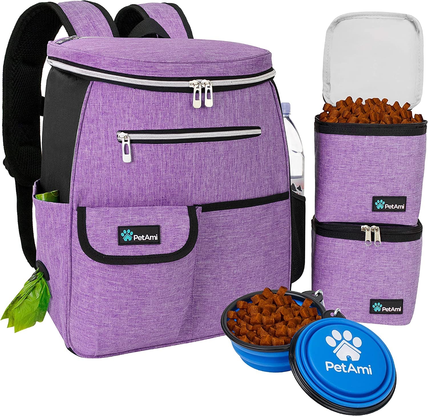 Dog Travel Backpack with Food Containers and Bowls, 27L Capacity