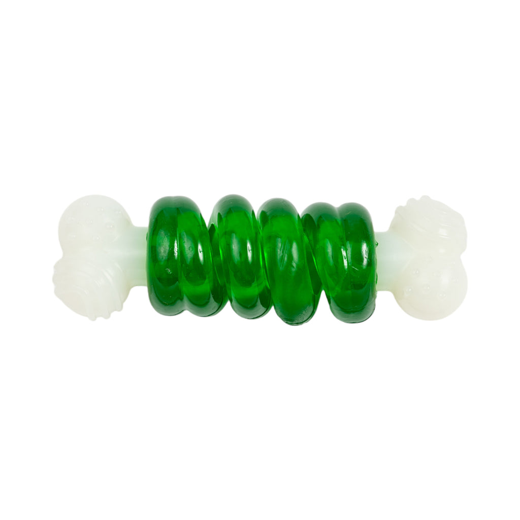 Nylon Rubber Chew Toy with Orange Bulged Balls and Green Spiral Ring