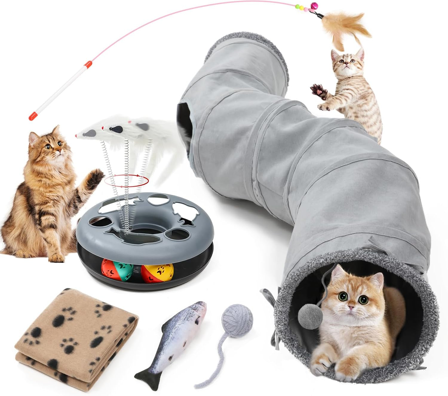 S-Shaped Cat and Small Pet Tunnel with Toys and Blanket