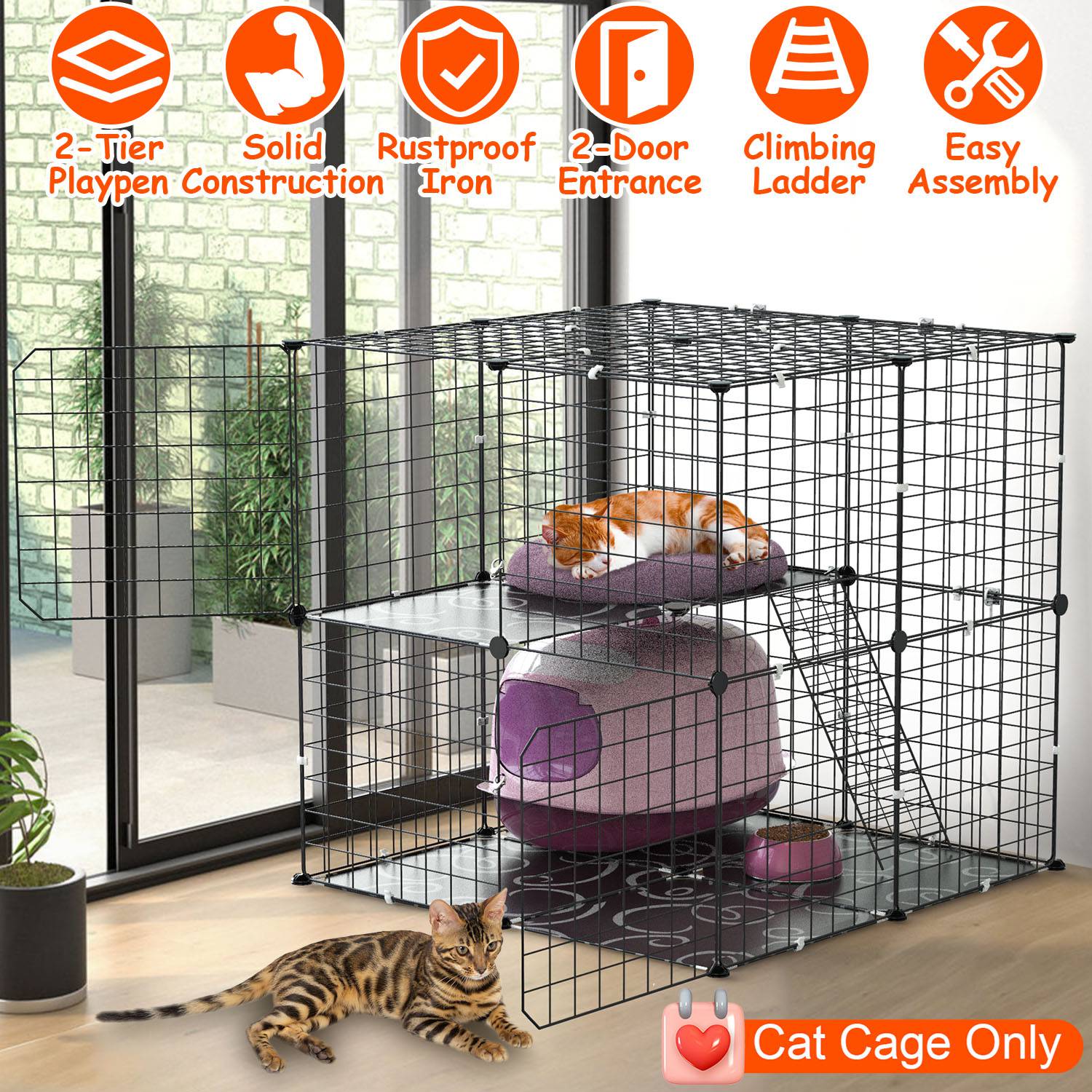 2-Tier Indoor Cat Cage Playpen with Climbing Ladder and Doors