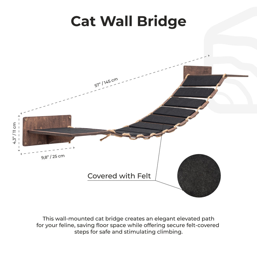 Wooden Cat Bridge with Felt-Covered Stairs, Wall-Mounted, 48.8"