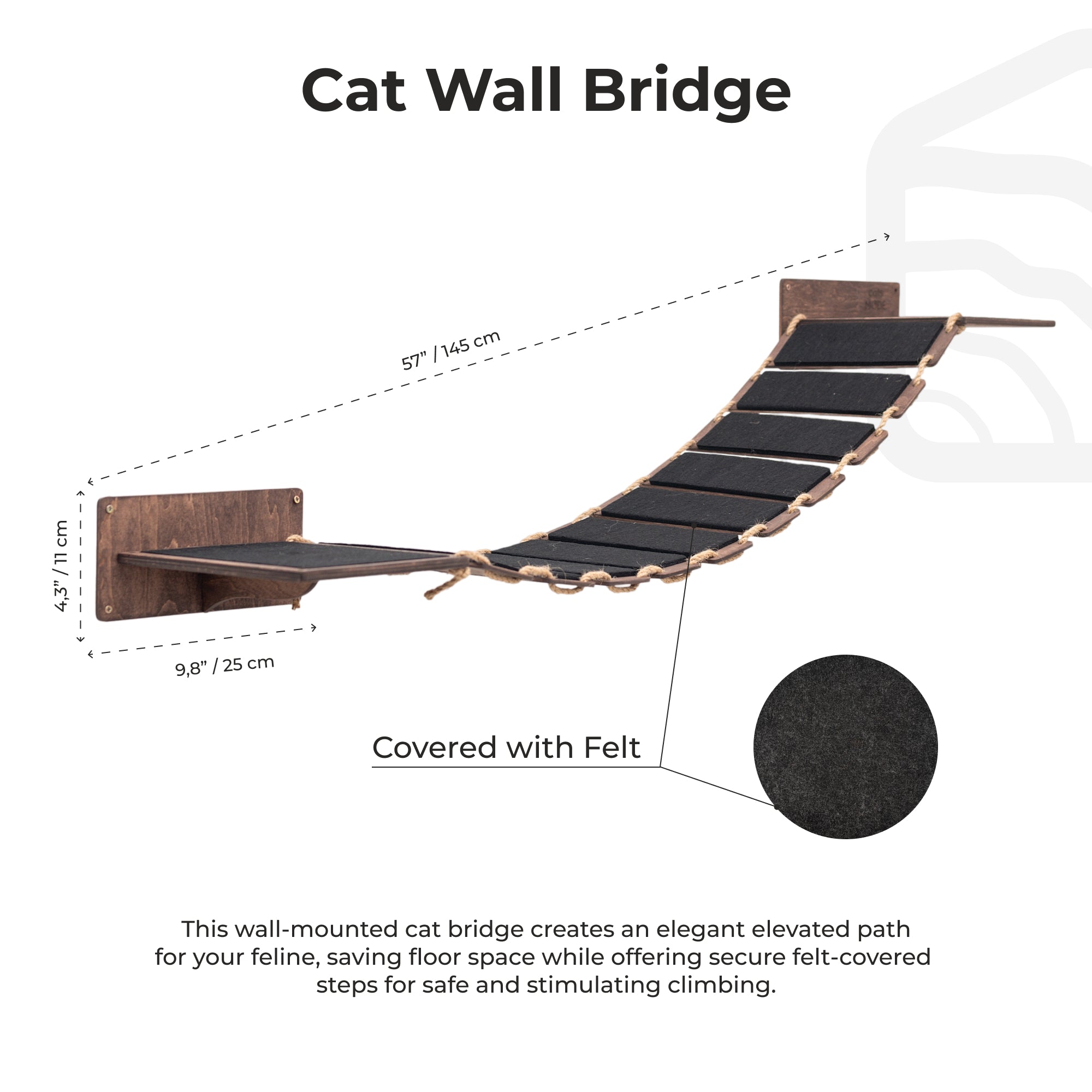 Wooden Cat Bridge with Felt-Covered Stairs, Wall-Mounted, 48.8"