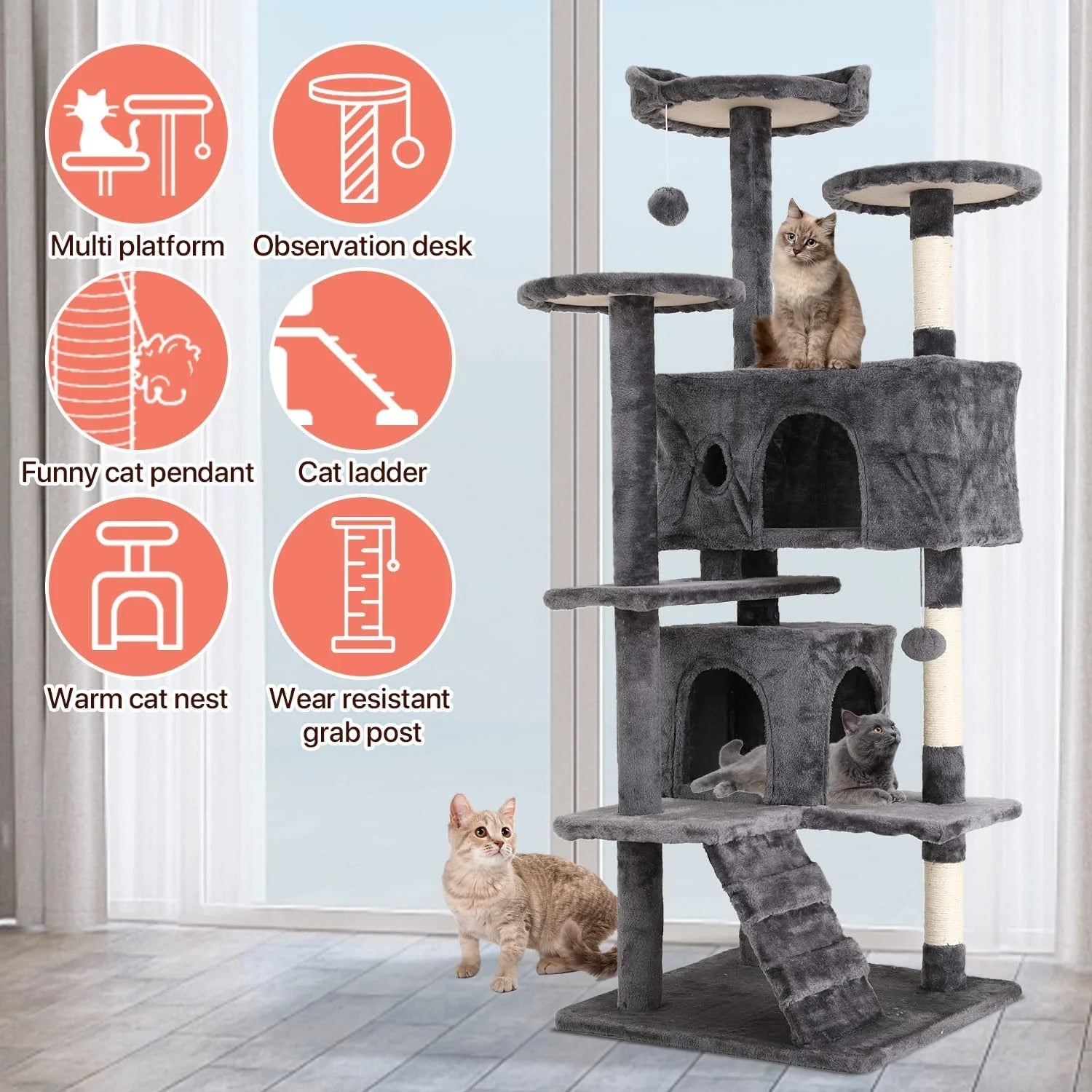 54-Inch Cat Tree with Sisal Scratching Posts, Ashy