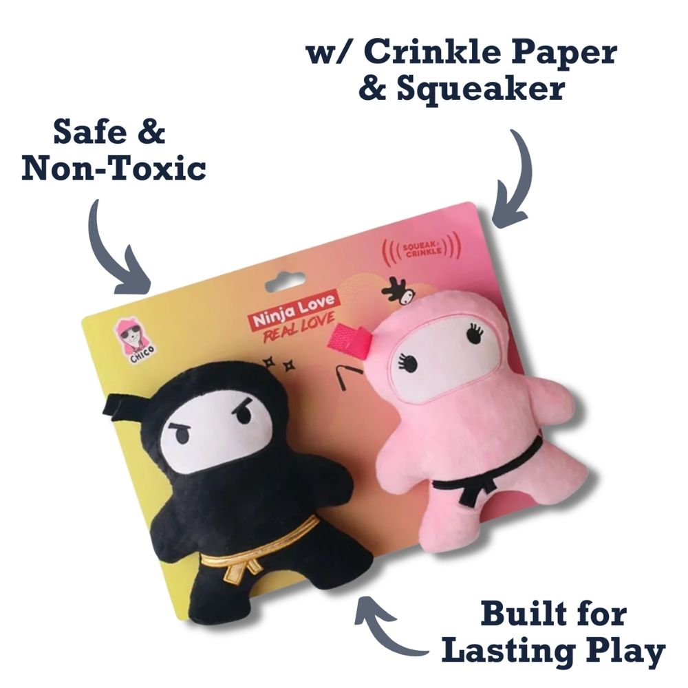 BFF Plush Ninja Dog Toy Set – Black & Pink, 2-Pack