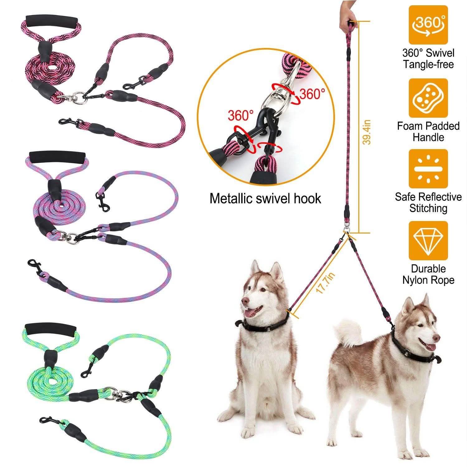Double Dog Leash No-Tangle Swivel Coupler with Padded Handle