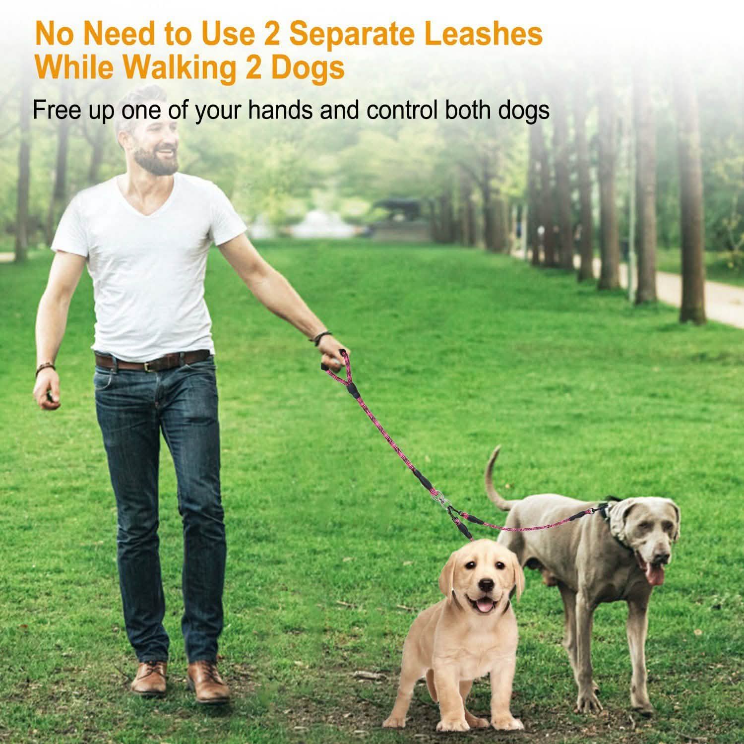 Double Dog Leash No-Tangle Swivel Coupler with Padded Handle