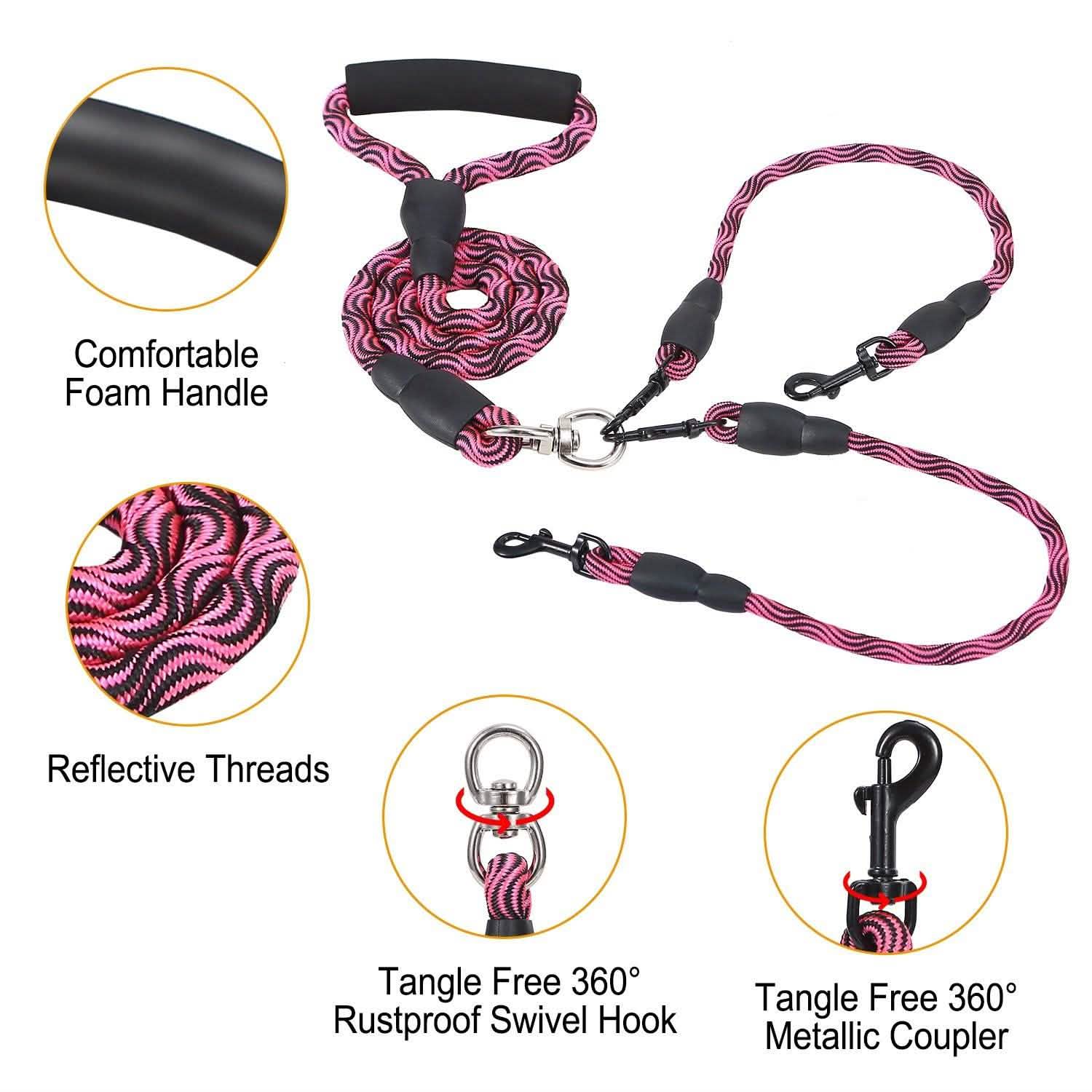 Double Dog Leash No-Tangle Swivel Coupler with Padded Handle