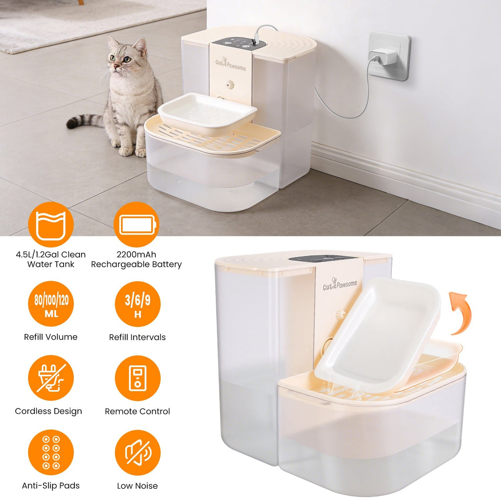 Automatic Dual-Tank Pet Water Dispenser, 4.5L Cordless Rechargeable