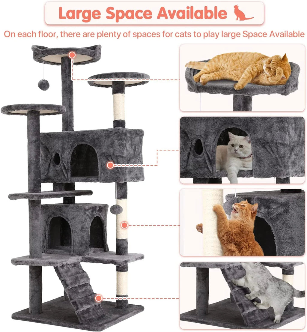 54-Inch Cat Tree with Sisal Scratching Posts, Ashy