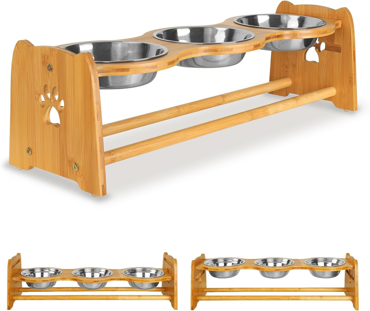 Elevated Bamboo Dog and Cat Feeder with Adjustable Height