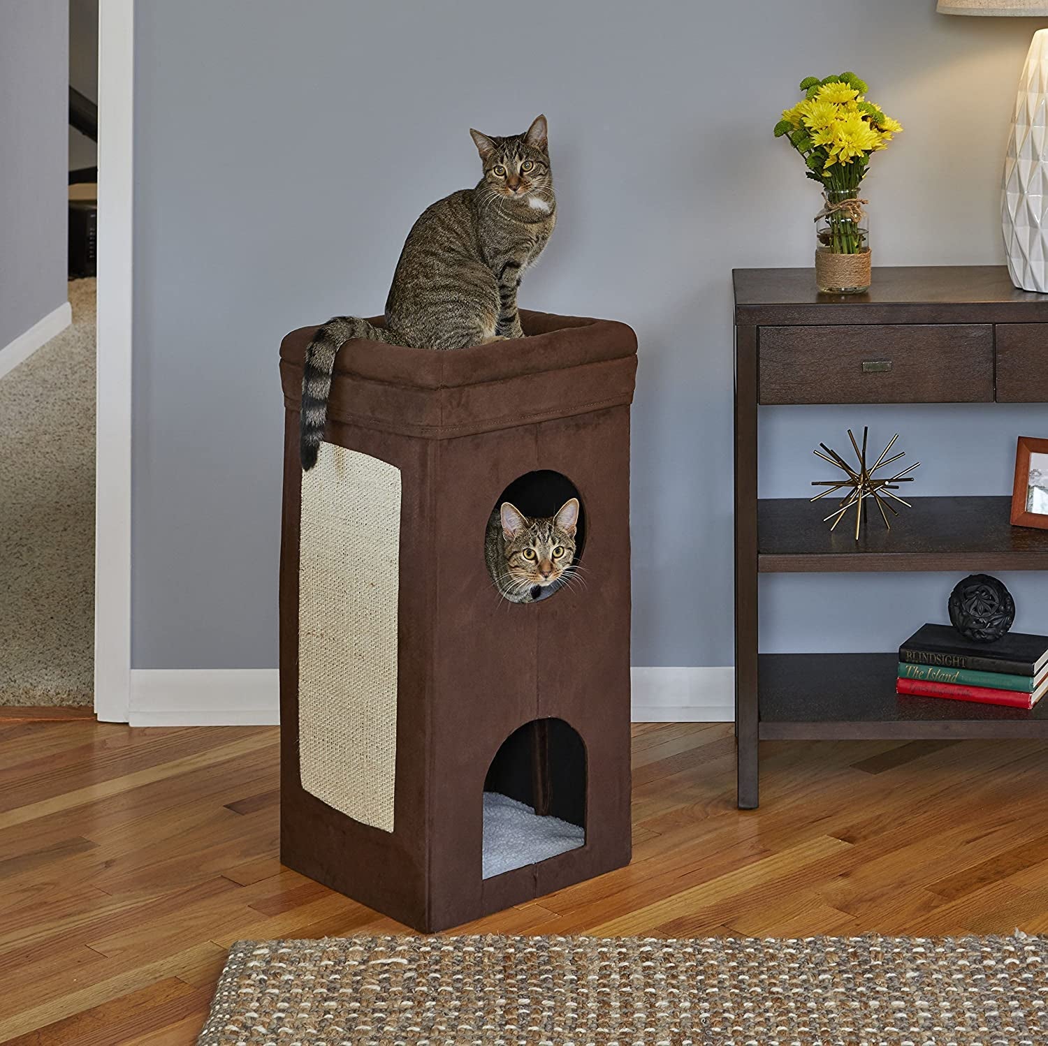 Three-Tier Cat Cube Condo with Scratching Panel and Hideouts