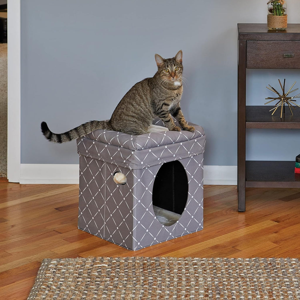 Cat Cube with Mushroom Diamond Print, Collapsible with Cushioned Top