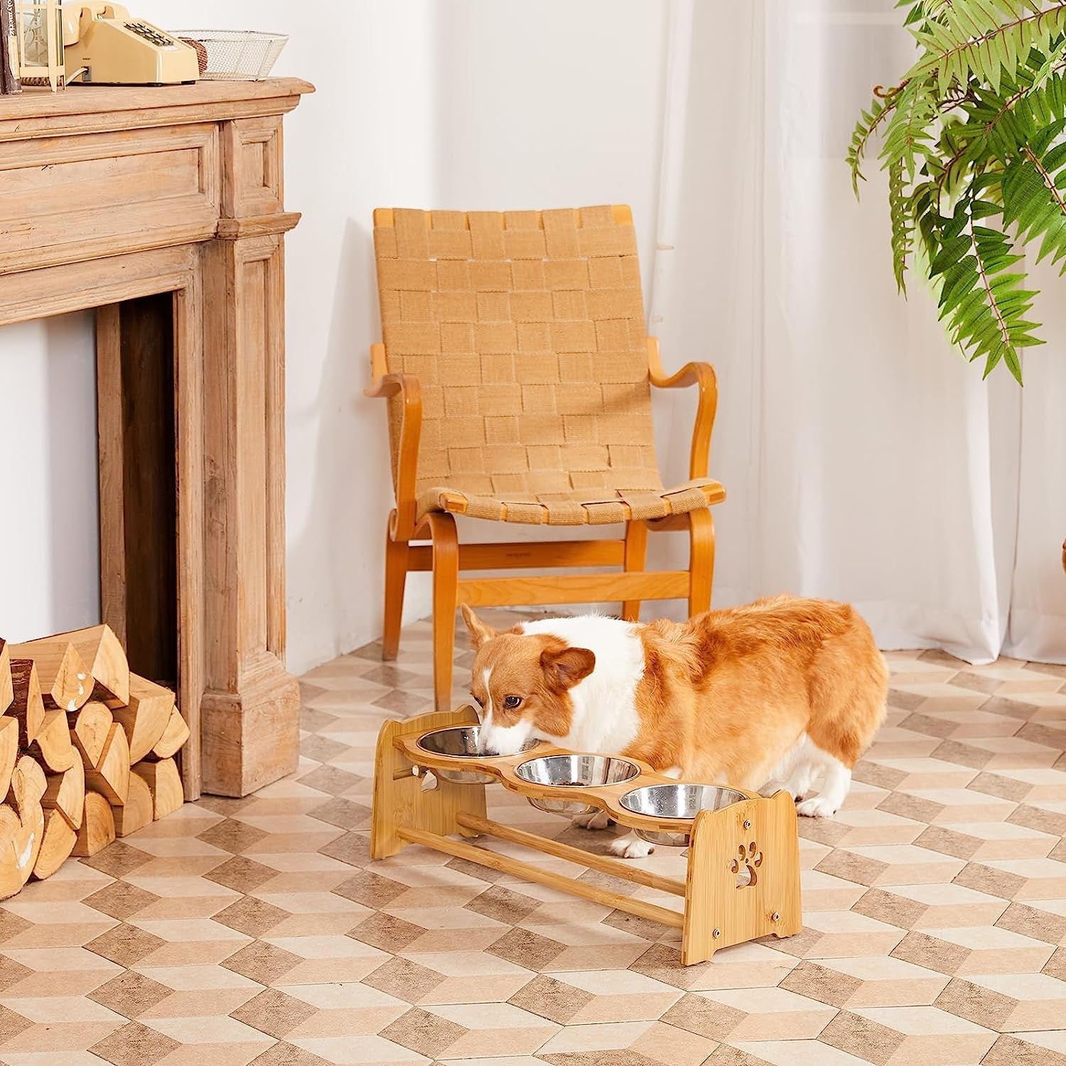 Elevated Bamboo Dog and Cat Feeder with Adjustable Height