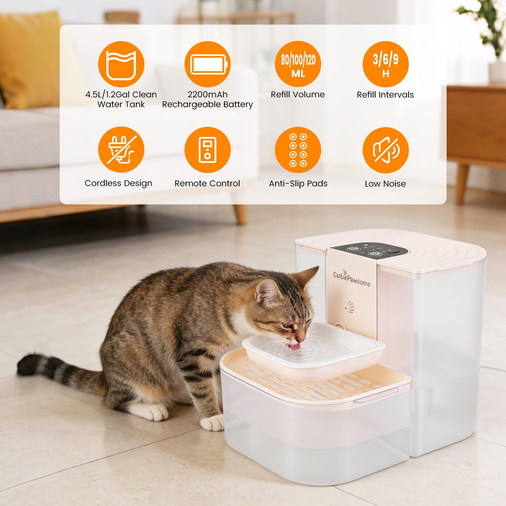 Automatic Dual-Tank Pet Water Dispenser, 4.5L Cordless Rechargeable
