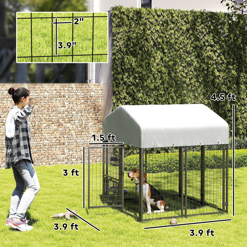 Welded Wire Dog Kennel with Rotating Bowls, 3.9 x 3.9 x 4.5 ft
