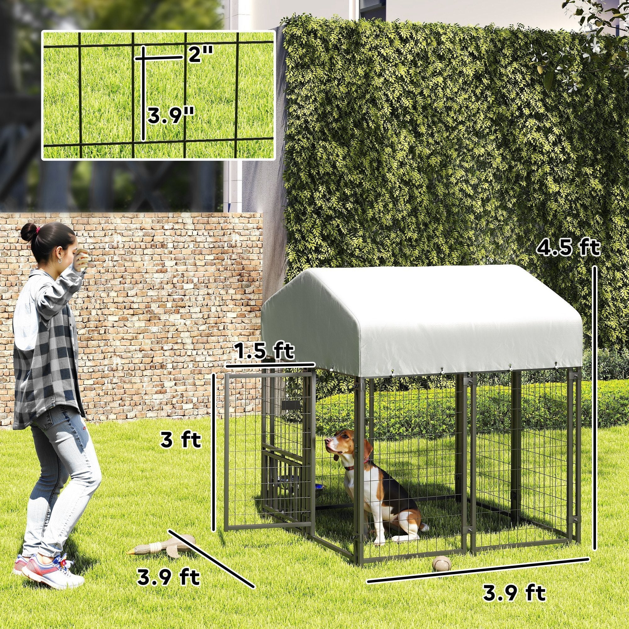 Welded Wire Dog Kennel with Rotating Bowls, 3.9 x 3.9 x 4.5 ft