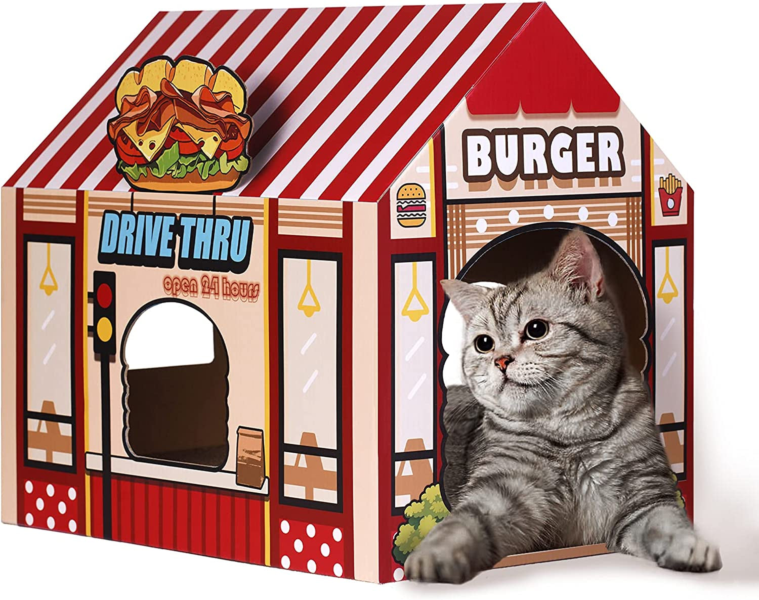 2-in-1 Cat House & Scratcher – Burger Shop Cardboard Design