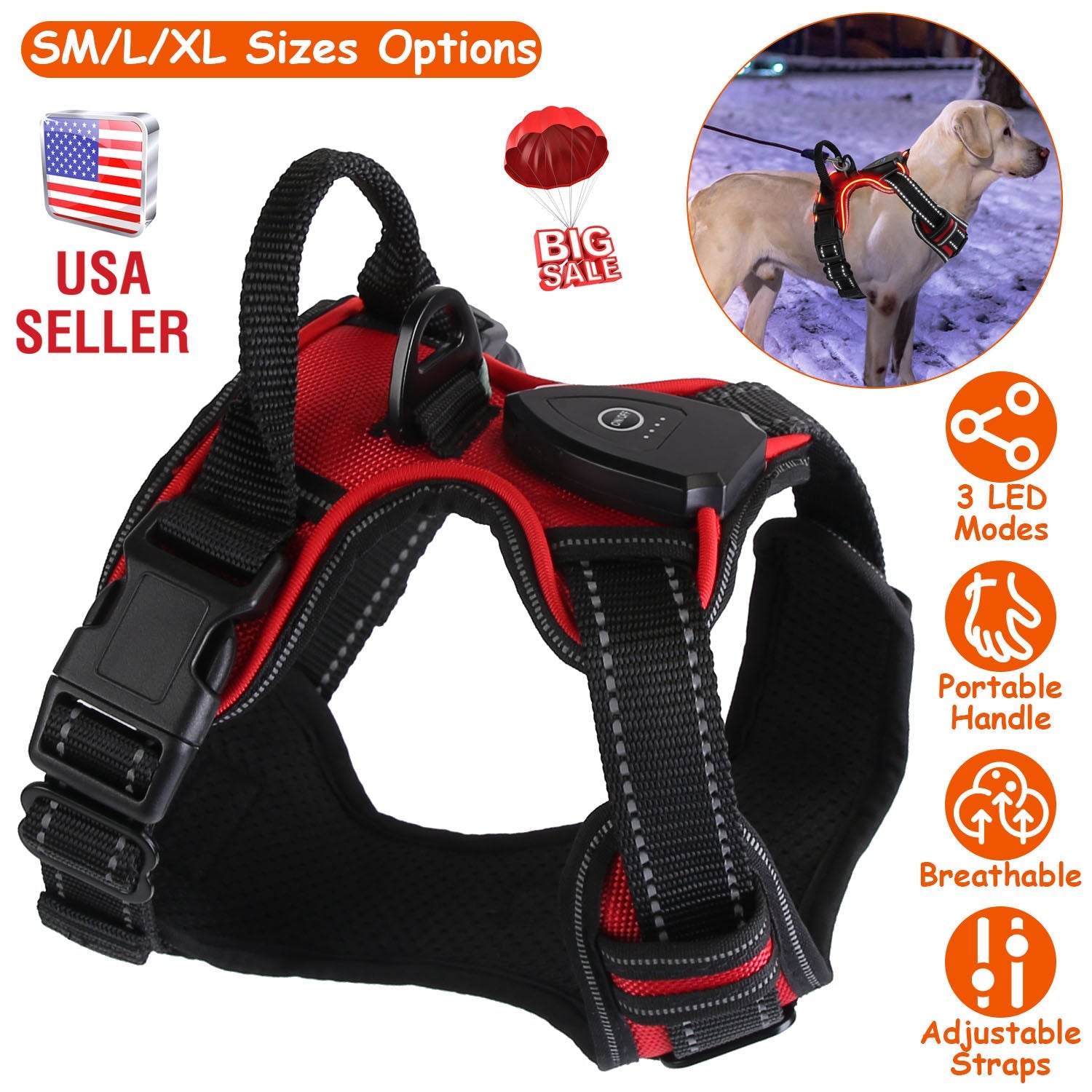 Rechargeable LED Dog Harness with No-Pull Design and Handle