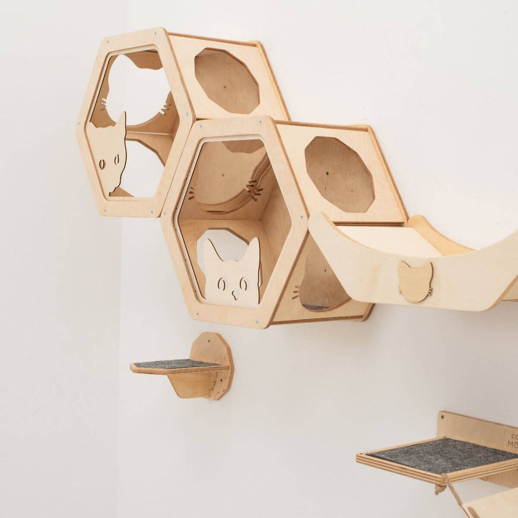 Hexagon Cat Shelves with Felt Lining – Modular Wall-Mounted Set