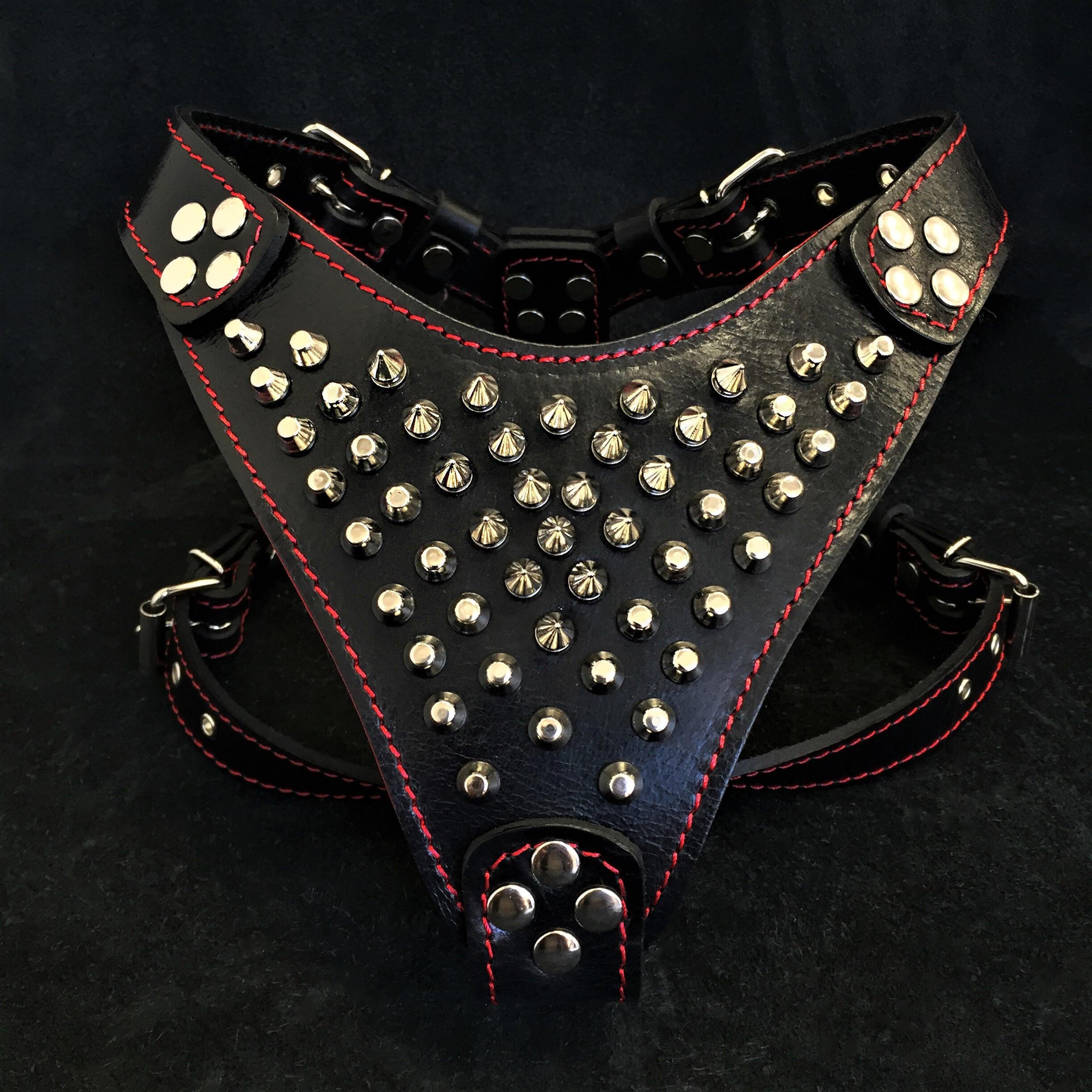 Bestia Frenchie Leather Dog Harness with Studs and Spikes, Black