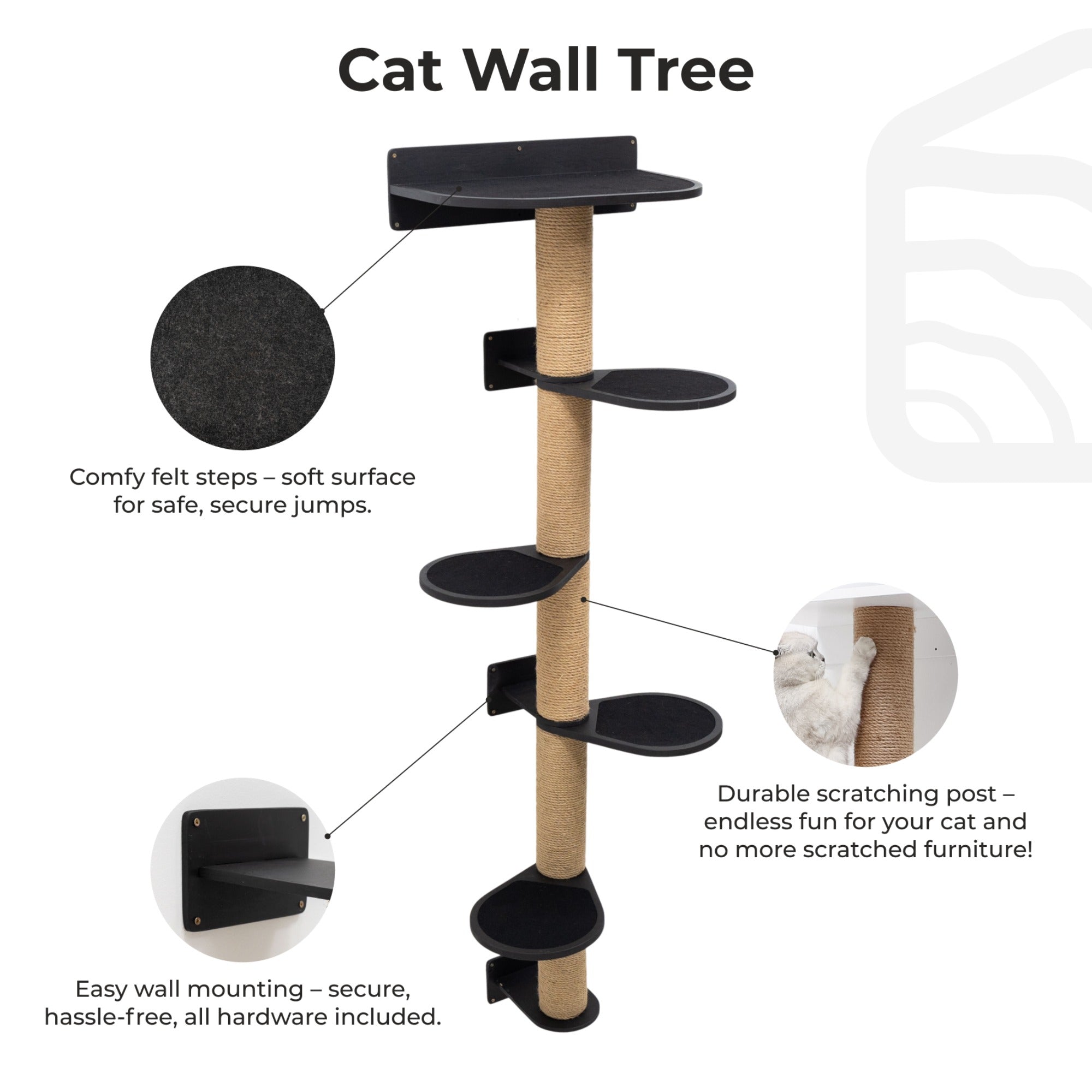 Large Cat Tree – Black, Multi-Level with Felt Beds