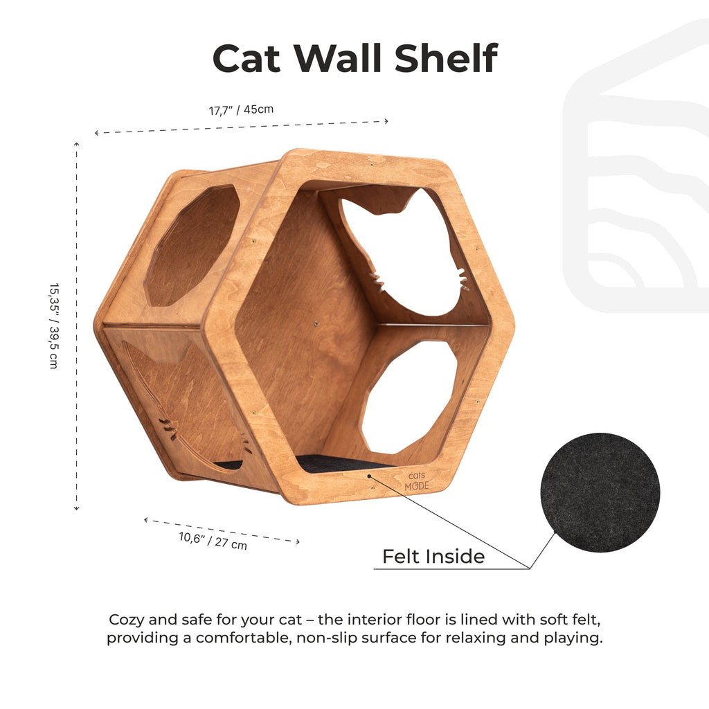 Wooden Cat Wall Shelf Hexagon by Enjoy The Wood