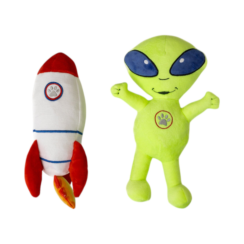 Out of This World Dog Toy Set – Plush Alien & Rocket Duo