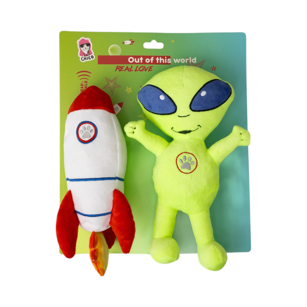 Out of This World Dog Toy Set – Plush Alien & Rocket Duo