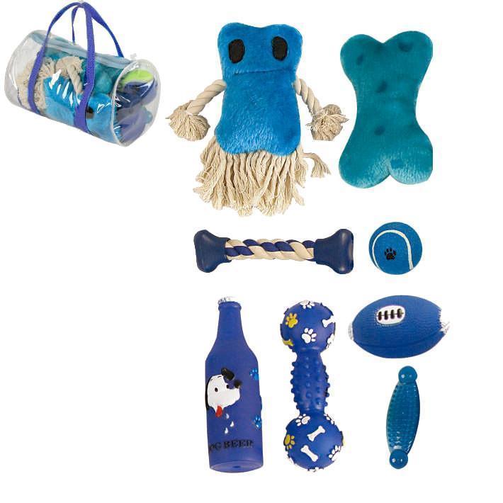 Dog Toy Gift Set with Blue-Themed Duffle Bag, 8-Piece