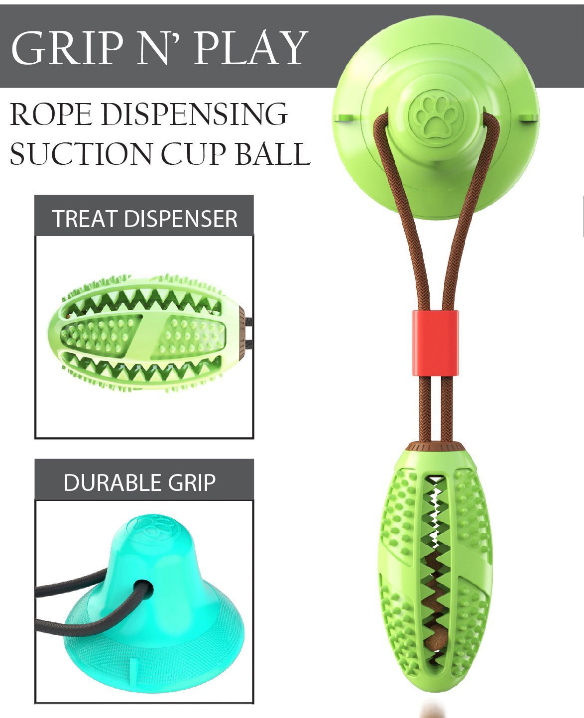 Treat-Dispensing Suction Cup Football Dog Toy with Dual Ropes