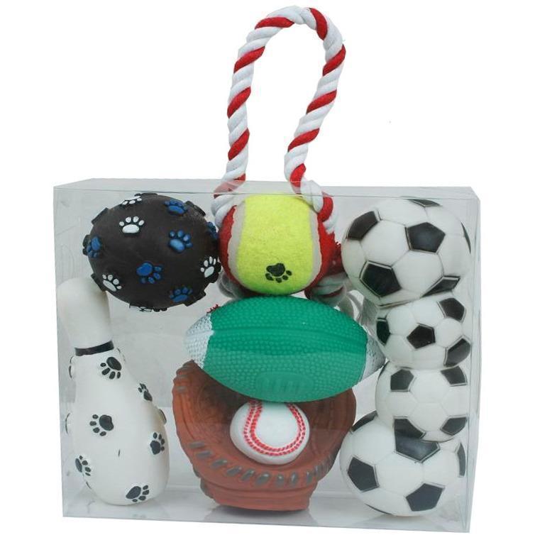 Sporty 7-Piece Dog Toy Gift Set with Tennis Ball and Chew Toys