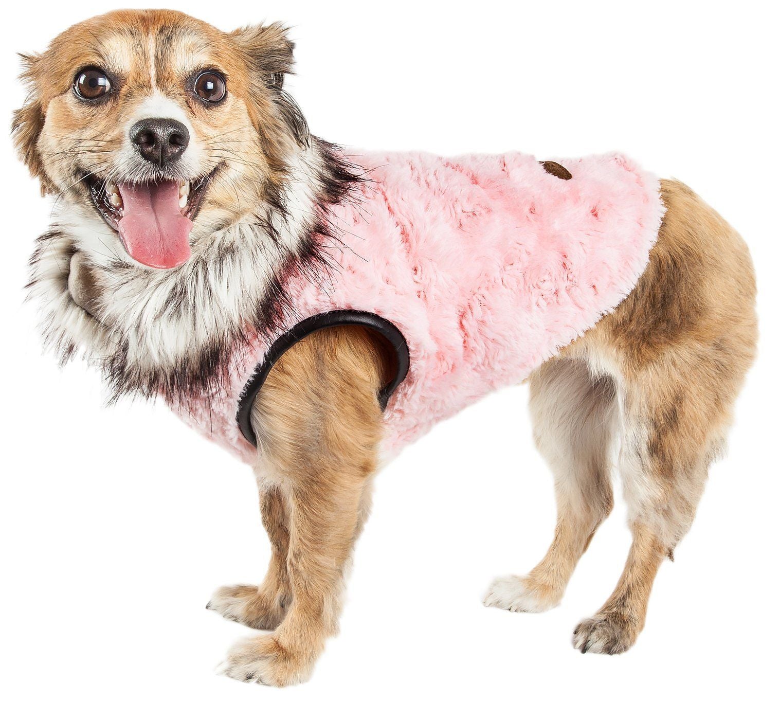 Light Pink Mink Fur Dog Coat with Faux-Fur Collar