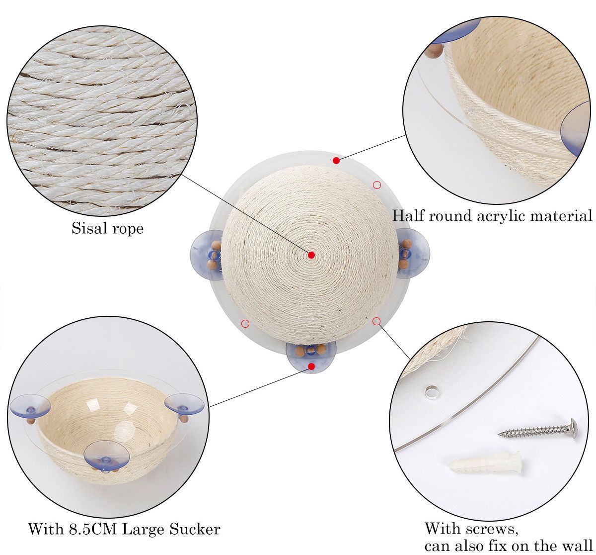 Circular Sisal Rope Cat Scratcher with Suction Cups and Wall Mount